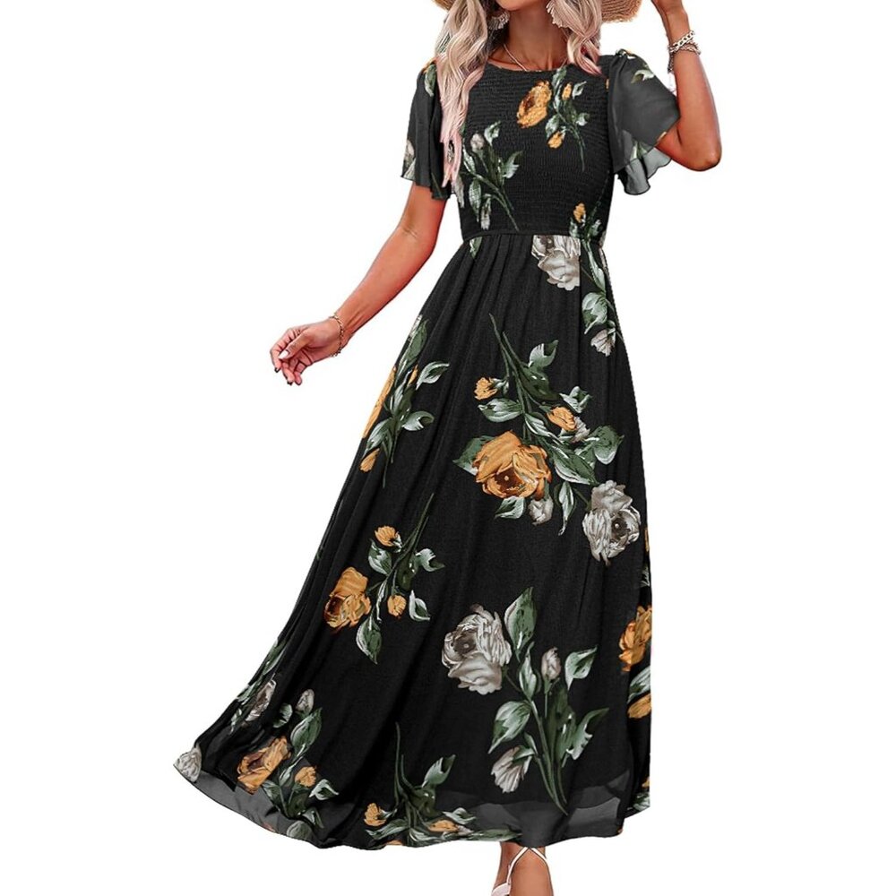 Women's Black 1 Chiffon Flowy Flutter Short Sleeve Crew Neck Summer Maxi